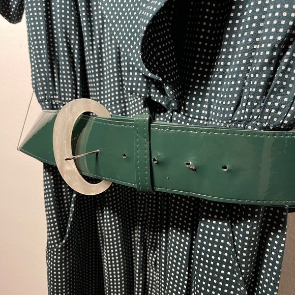 Vintage 90s Virgo II Green White Patterned Pantsuit Jumper With Belt Women's 10 - Picture 3 of 7